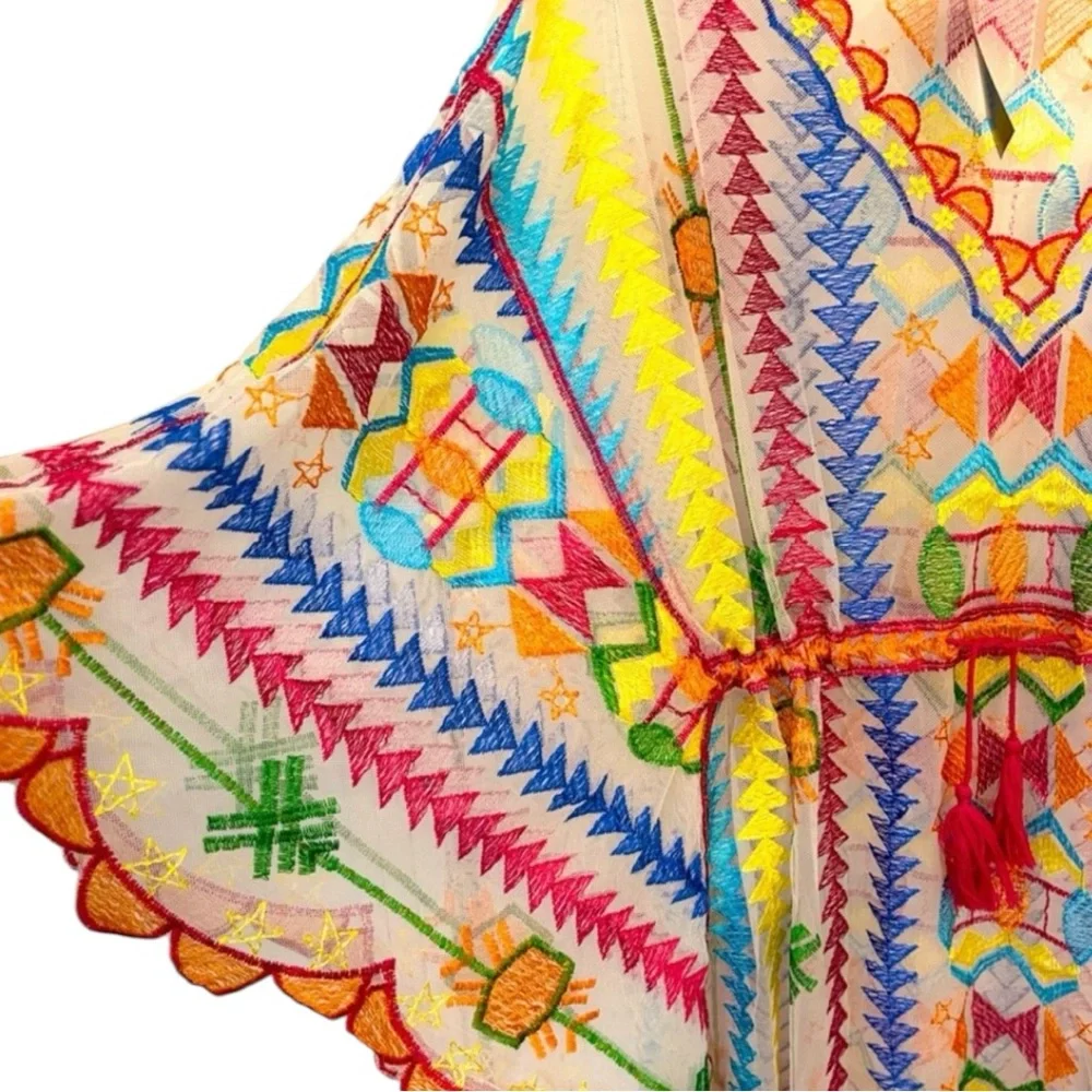 Rainbow Embroidered Cotton Mesh Short Kaftan, Tunic, With Cinch Tassel Tie NWT